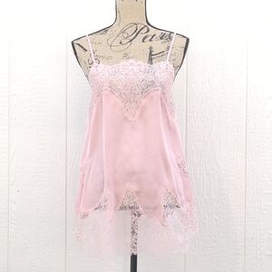 Vtg ​Victoria's Secret Satin Mini Slip Dress S Pink Lace Coquette Babydoll Y2K